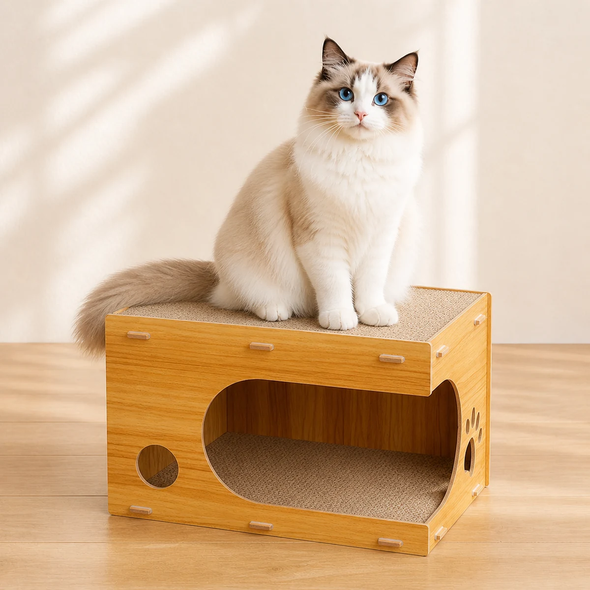 Wood cat bed and scratcher with a cat sitting on top