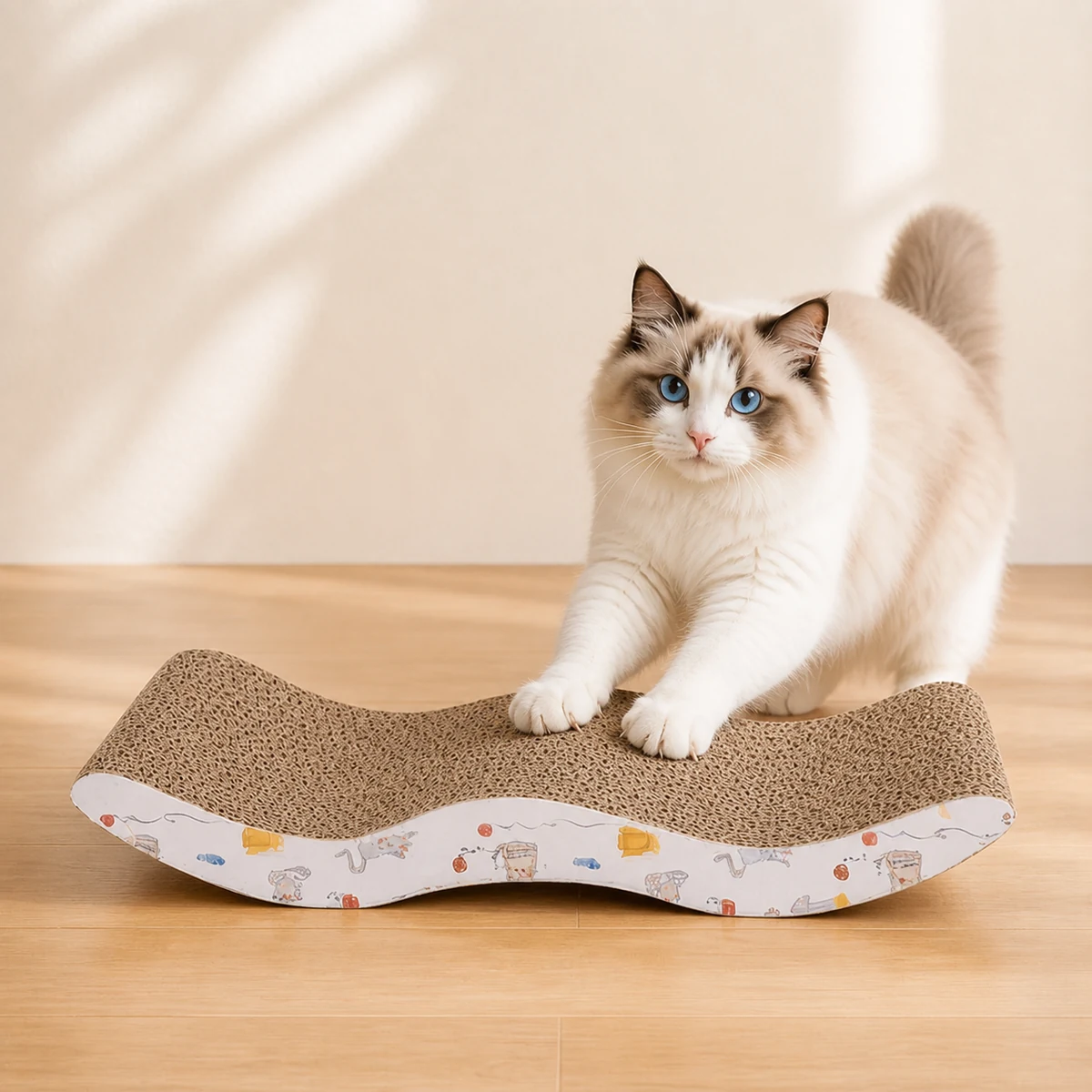 Corrugated cardboard cat scratcher with a cat