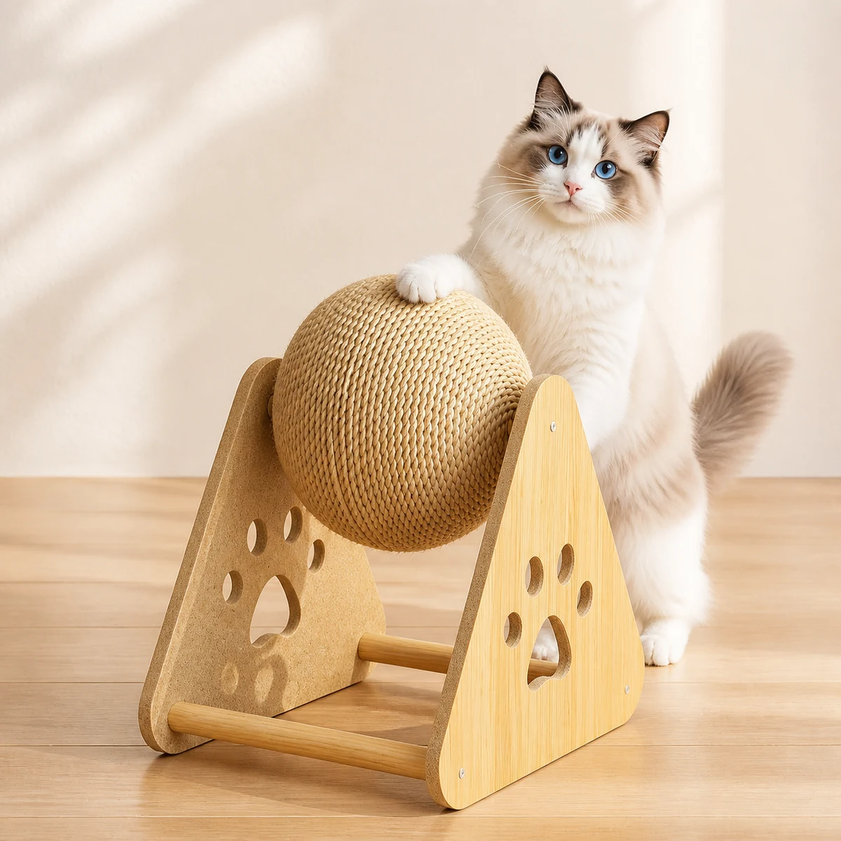 Sisal ball cat scratcher in a wood frame