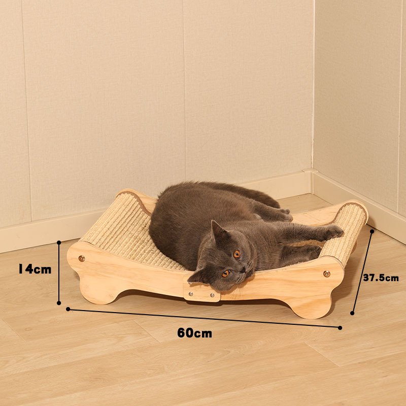 Wooden cat scratching bed with a woven sisal surface and product dimensions