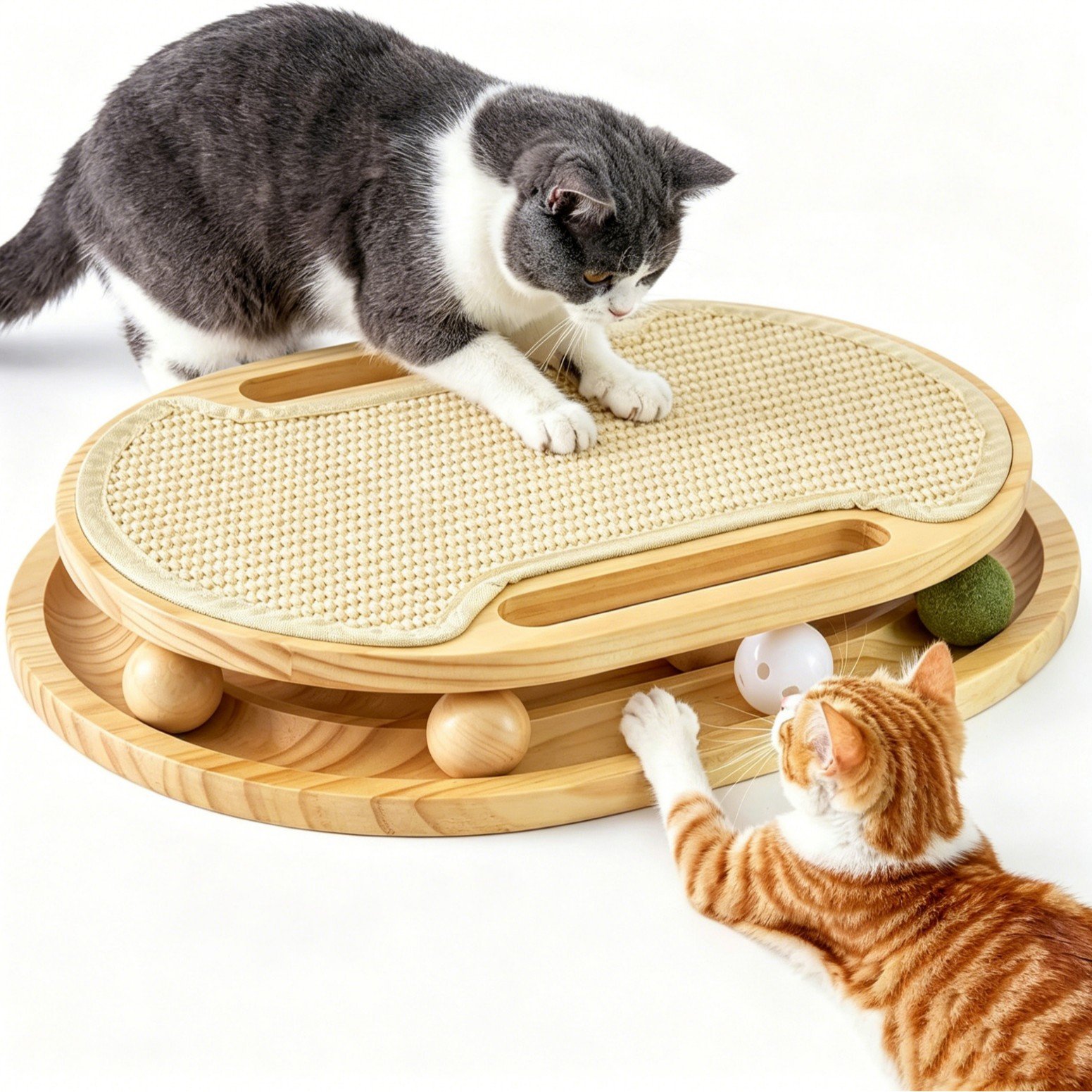 Two cats using a wooden sisal scratching board with an interactive ball track